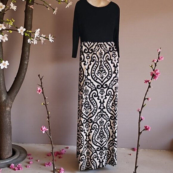 PinkBlush Maternity Black Mocha Damask Maxi dress stretch medium very long tall - Picture 3 of 15